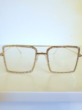 Gold Square Iridescent Rhinestone Rim Women's Glasses No Rx
